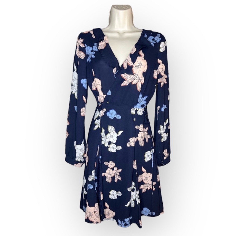 ASTR the Label Navy, Light Blue and Pink Floral Ruffle Wrap Long Sleeve small - Picture 1 of 14